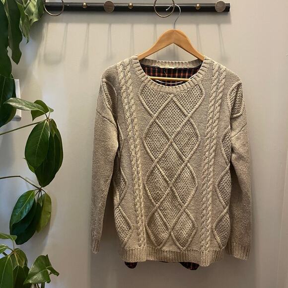 Mystree Anthropologie Textured Cable Knit Beige Sweater | S, Angora Blend, Plaid - Picture 2 of 7